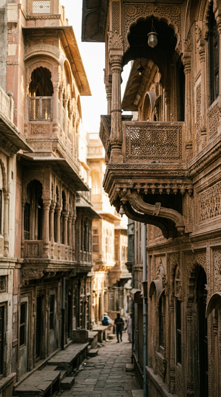 A carved sandstone haveli balcony in Ahmedabad, warmed by late-afternoon light